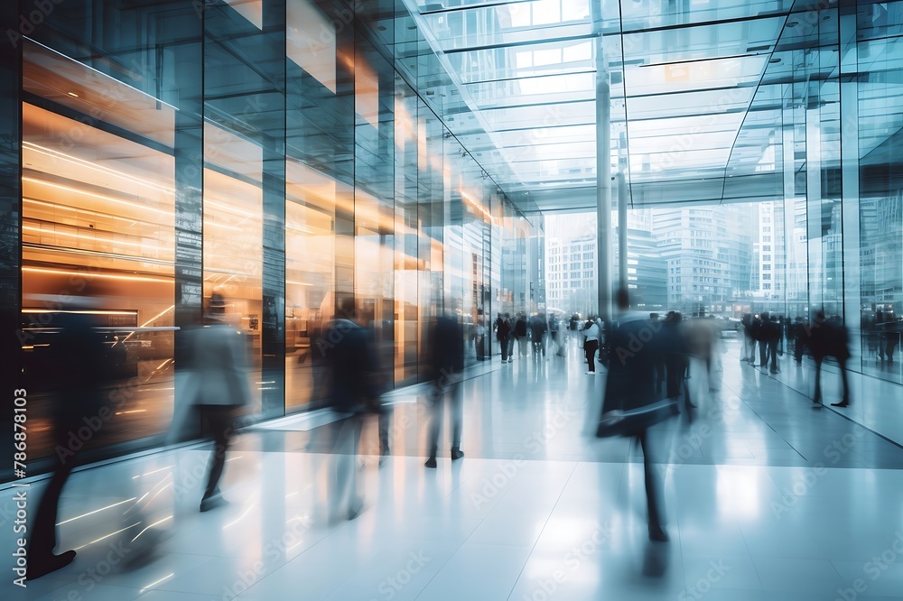Blurred image of business people walking in the lobby of a modern office.