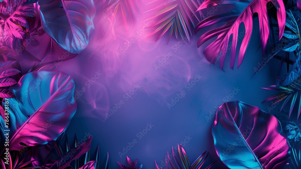 A frame made of leaves of tropical flowers in neon light. Purple background with space for text. The light of ultraviolet lamps for plants