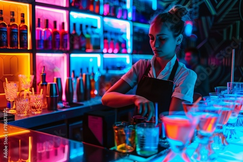The bartender at the bar in the neon light. Preparation of drinks. Modern bright bar, pub, retro neon lighting. Fashionable interior of the establishment, creative design