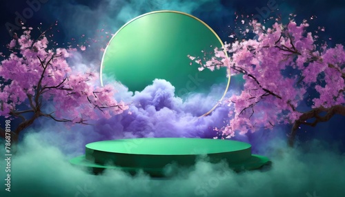 ai generative of hyper realistic of a circle green stage; purple thick smoke and clouds; Japanese cherry sakura