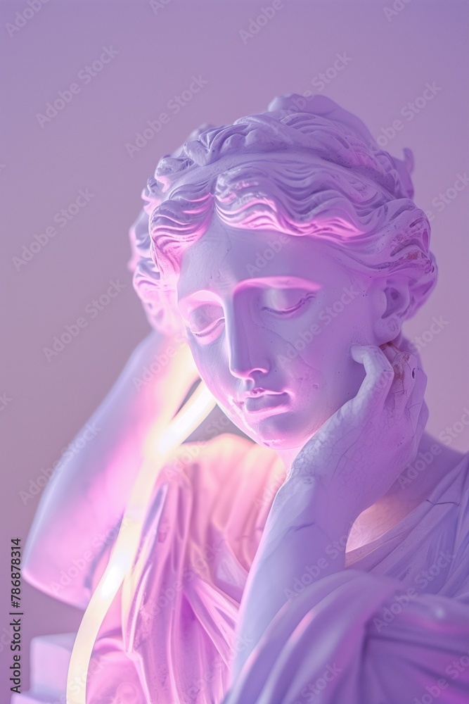 Antique statue in neon bright light. Background with a place for text in pink and purple colors. The creative concept of renaissance Antique statue in neon bright light. Background with a place for text in pink and purple colors. The creative concept of renaissance