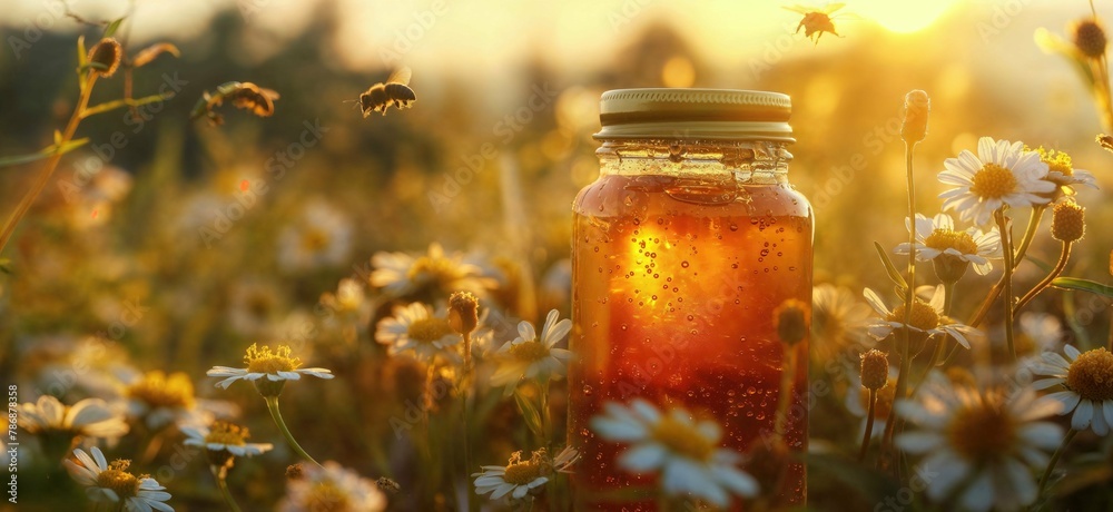 A jar of honey in a blooming meadow full of bees at sunset. Natural organic honey. Beekeeping concept A jar of honey in a blooming meadow full of bees at sunset. Natural organic honey. Beekeeping concept