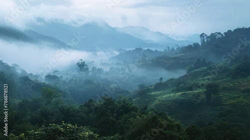 A tranquility view of the mountainous area in the haze.