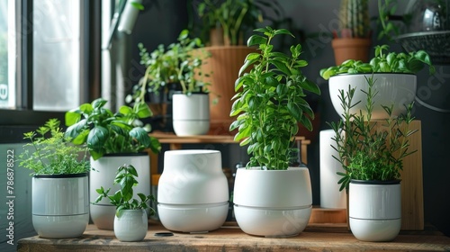 Design a concept for growing plants at home, emphasizing the use of special pots tailored for cultivating herbs photo