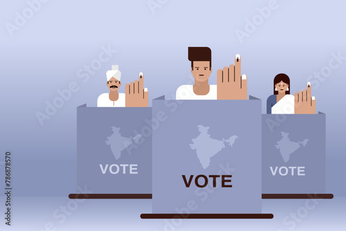 Illustration of people showing their hands with electoral stain after casting vote.Concept of election in India