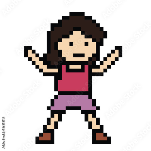 Cute pixel cartoon 8bit character woman exercises training alone lifestyle vector decoration life style 8 bit female girl exercise gym fitness warm up game fitness vector.