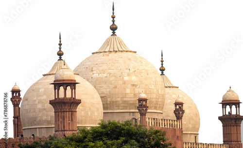 Badshahi Mosque was built between 1671 and 1673 by the Mughal emperor Aurangzeb., isolated on a white background, cut out photo