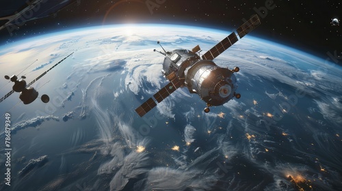 An advanced communications satellite orbiting high above the Earth, its sleek metallic exterior bristling with antennas and solar panels, connecting the world with high-speed data transmission 
