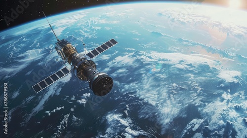 An advanced communications satellite orbiting high above the Earth, its sleek metallic exterior bristling with antennas and solar panels, connecting the world with high-speed data transmission 