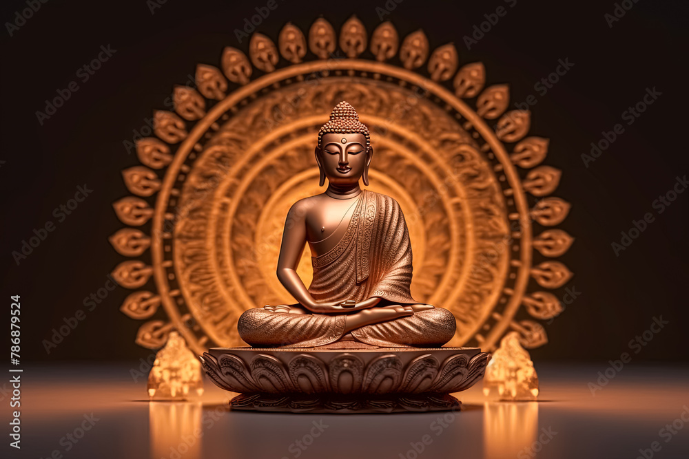 A gold statue of a Buddha is sitting on a table.