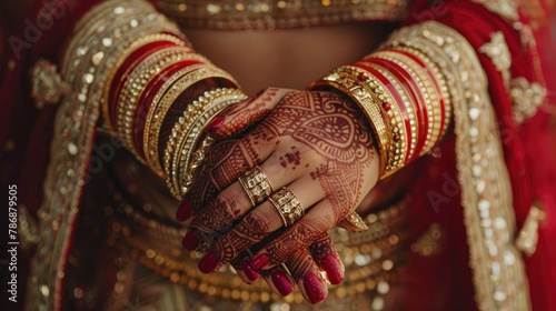 Bride s hands adorned with bangles and gold rings photo
