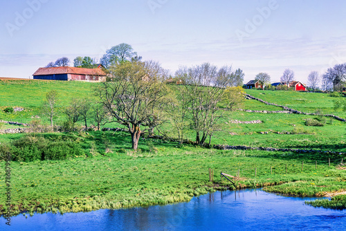 Rural landscape view with a river at spring