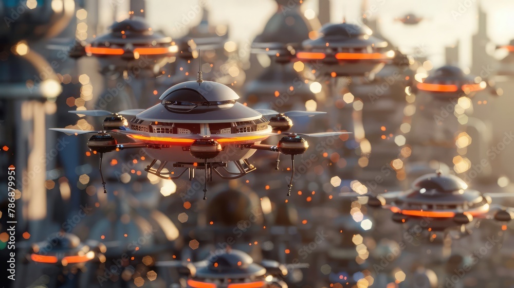 An array of advanced drones hovering in mid-air, their sleek designs and intricate sensors embodying the future of autonomous flight and aerial surveillance technology