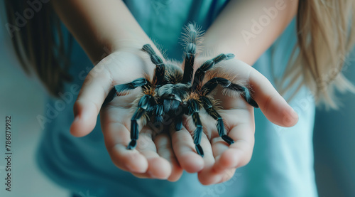 Child's Tender Care Handling an Adult Tarantula with Caution and Curiosity