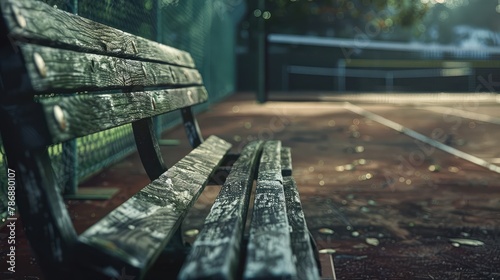 A weathered wooden bench at an tennis court, offering a quiet spot to reflect on the echoes of cheers and rallies that once filled the air,
