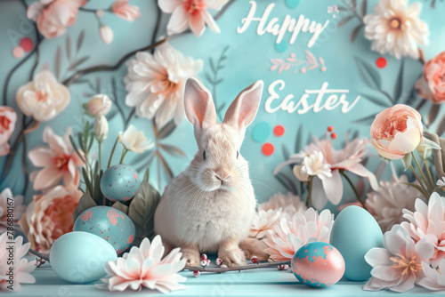 An Easter bunny among flowers, colorful eggs. Pastel colors and a calm atmosphere.
