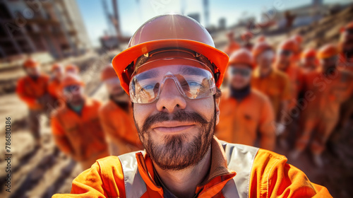 A man with a hard hat and safety glasses, exuding humor and cheerfulness on a construction site photo
