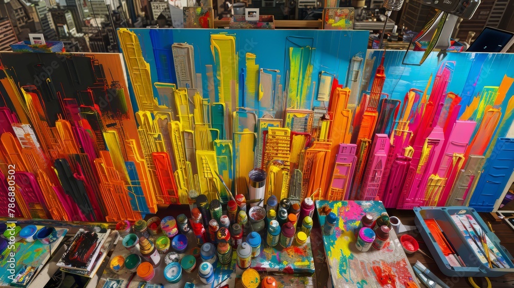 A colorful 3D cityscape painting in a studio with many spray paint cans