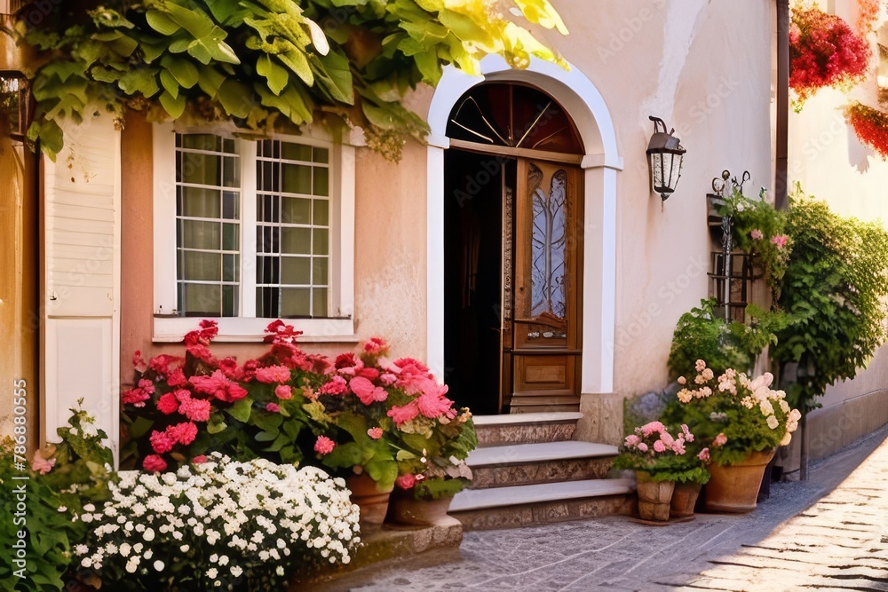 Naklejka premium charming village square in a Bavarian town, with timber-framed buildings,