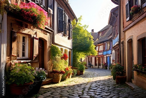 charming village square in a Bavarian town  with timber-framed buildings 