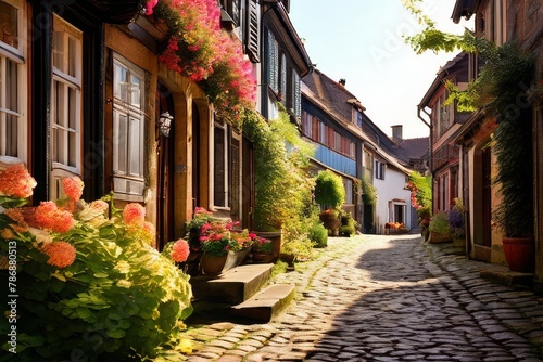 charming village square in a Bavarian town, with timber-framed buildings,