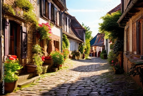 charming village square in a Bavarian town, with timber-framed buildings, © boying
