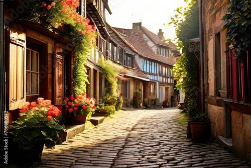 charming village square in a Bavarian town, with timber-framed buildings,