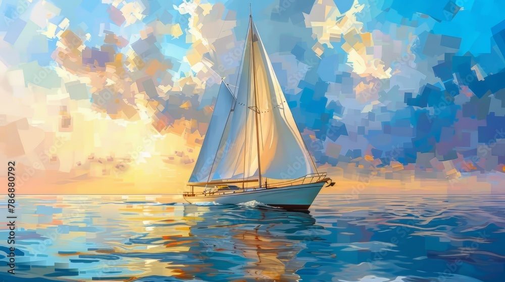 A painting of a sailboat at sea. The sky is blue and cloudy, and the water is a deep blue. The boat is white with a brown mast.