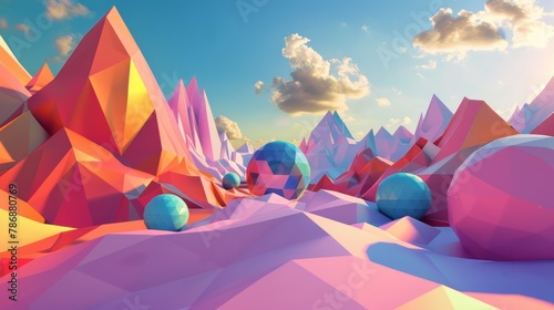 A low poly landscape with pink mountains and blue spheres.