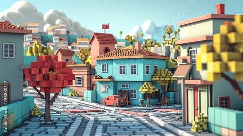 A low poly render of a small town with a red car parked in front of a blue house.