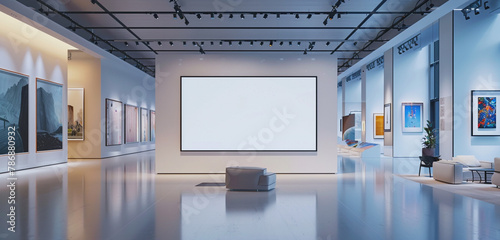 Modern and traditional components are blended in this state-of-the-art art museum including interactive digital displays and a facsimile of an empty wall frame amid futuristic exhibits photo