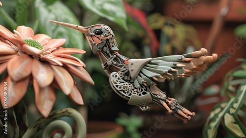 A steampunk hummingbird made of metal and gears