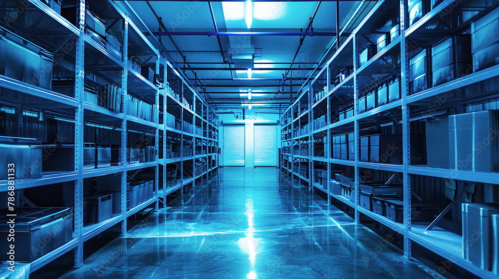 A long row of metal shelves lines the freezer room, elegantly storing food and creating a symphony of organization A long row of metal shelves lines the freezer room, elegantly storing food and creating a symphony of organization
