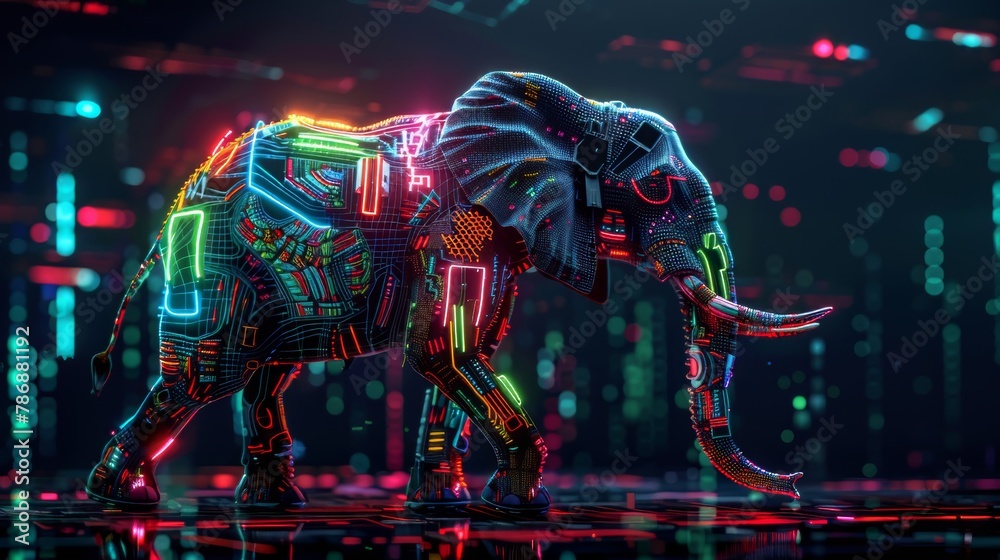 An elephant made of neon lights walking through a city at night. An elephant made of neon lights walking through a city at night.
