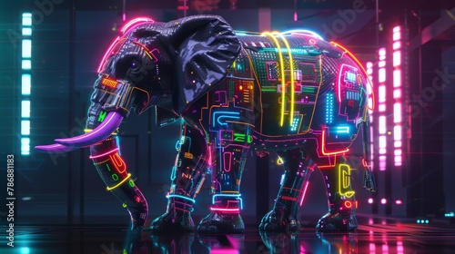 An elephant made of neon lights and wires