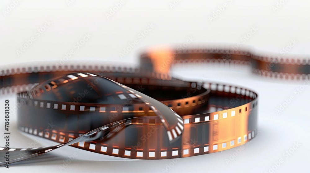 Design a realistic 3D render of an empty cinema filmstrip presented in a perspective view.