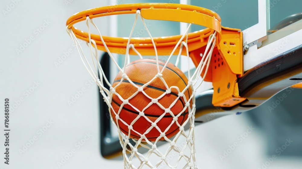 Basketball just about to enter the hoop on white background.