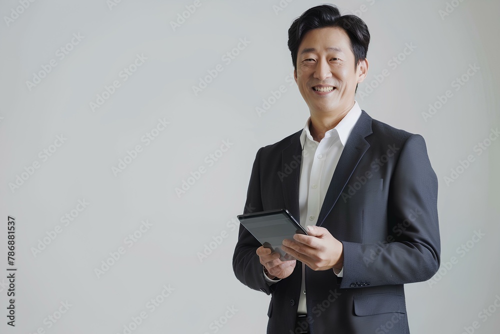 Portrait of smiling korean businessman using digital tablet while standing over white background with copy space. generative AI Portrait of smiling korean businessman using digital tablet while standing over white background with copy space. generative AI