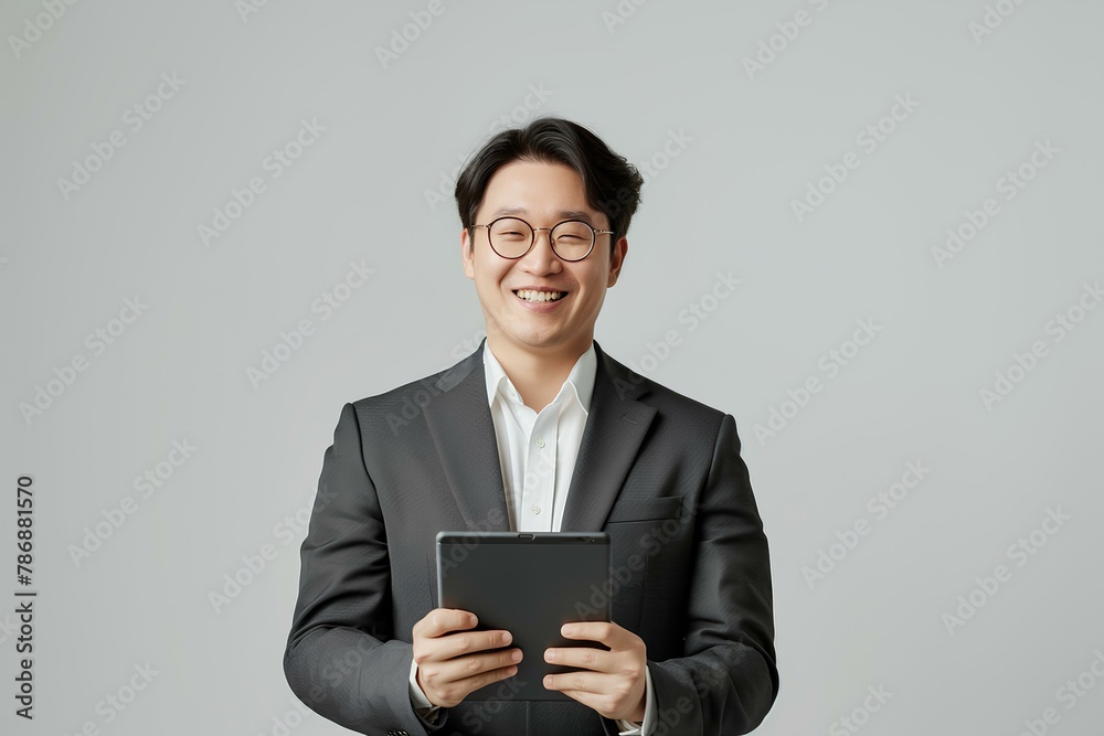Portrait of smiling korean businessman using digital tablet while standing over white background with copy space. generative AI Portrait of smiling korean businessman using digital tablet while standing over white background with copy space. generative AI