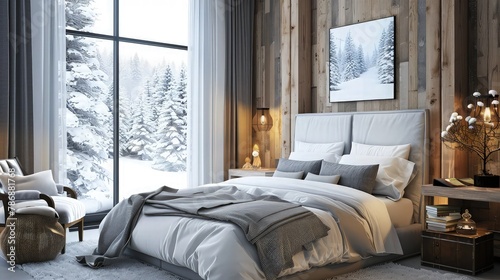  Beasutiful bedroom with winter scenery in a hotel. photo