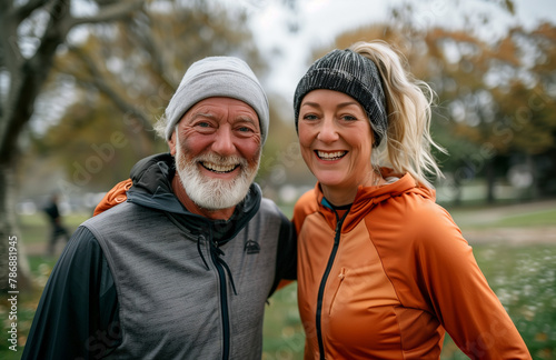 Happy senior couple jogging outdoors in park.Generative AI 