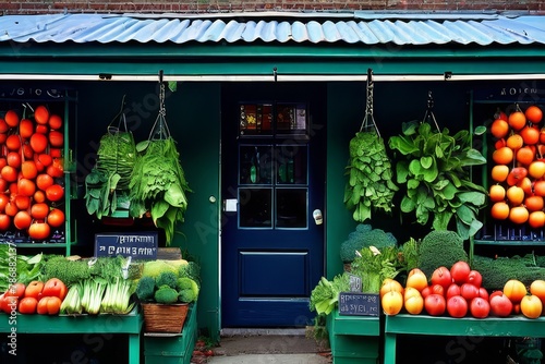 market with a colorful variety of fresh fruits and vegetables under soft light. photo