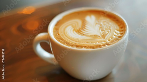 An intimate closeup of a freshly brewed latte in a white ceramic cup, the focus is on the contrast between the rich, creamy milk and the deep espresso, creating a beautiful marbled effect The cup is s
