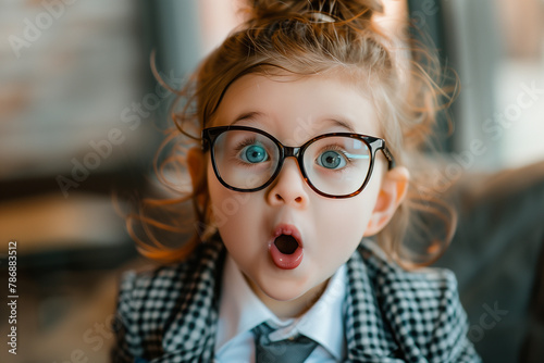 Curious Little Girl in Glasses and Suit Looking Surprised