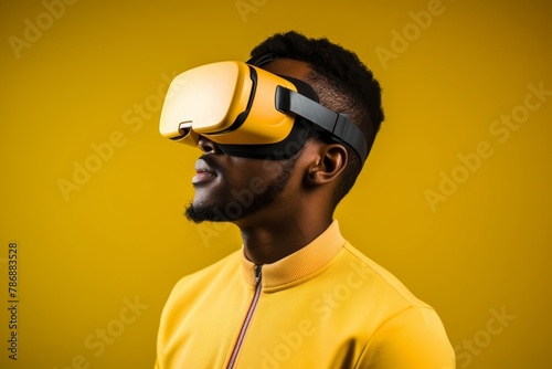 A black man in a yellow theme shirt is presenting the new modern designed virtual reality glasses as a commercial advertising on his head with a friendly smile. Generative AI. © Surachetsh