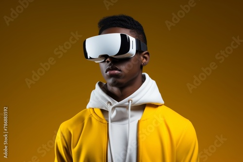 A black man in a yellow theme shirt is presenting the new modern designed virtual reality glasses as a commercial advertising on his head with a friendly smile. Generative AI.