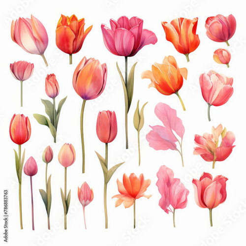 Watercolor tulip clipart in different shades of pink red isolated on transparent background 