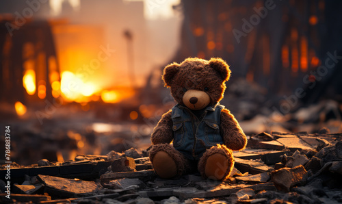 Teddy Bear over Destroyed City as Symbol of Lost Childhood Innocence in War or Disaster Aftermath