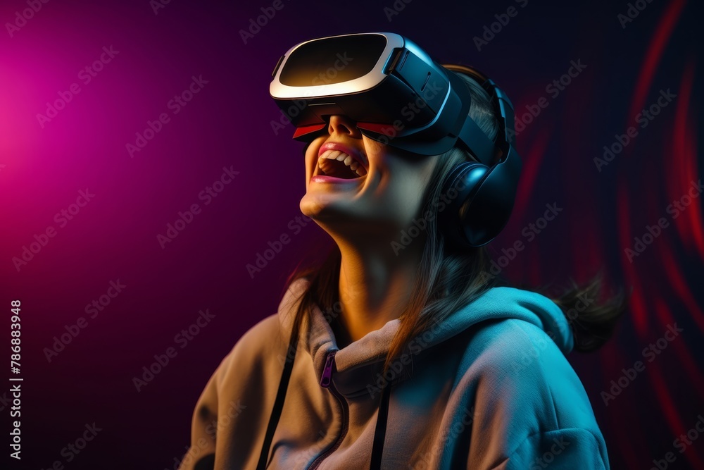 A black woman in a pink magenta theme shirt is presenting the new modern designed virtual reality glasses as a commercial advertising on her head with a friendly smile. Generative AI. A black woman in a pink magenta theme shirt is presenting the new modern designed virtual reality glasses as a commercial advertising on her head with a friendly smile. Generative AI.