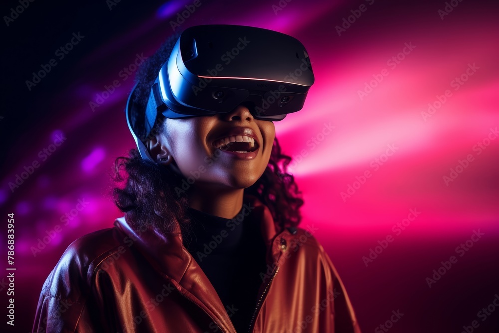A black woman in a pink magenta theme shirt is presenting the new modern designed virtual reality glasses as a commercial advertising on her head with a friendly smile. Generative AI. A black woman in a pink magenta theme shirt is presenting the new modern designed virtual reality glasses as a commercial advertising on her head with a friendly smile. Generative AI.